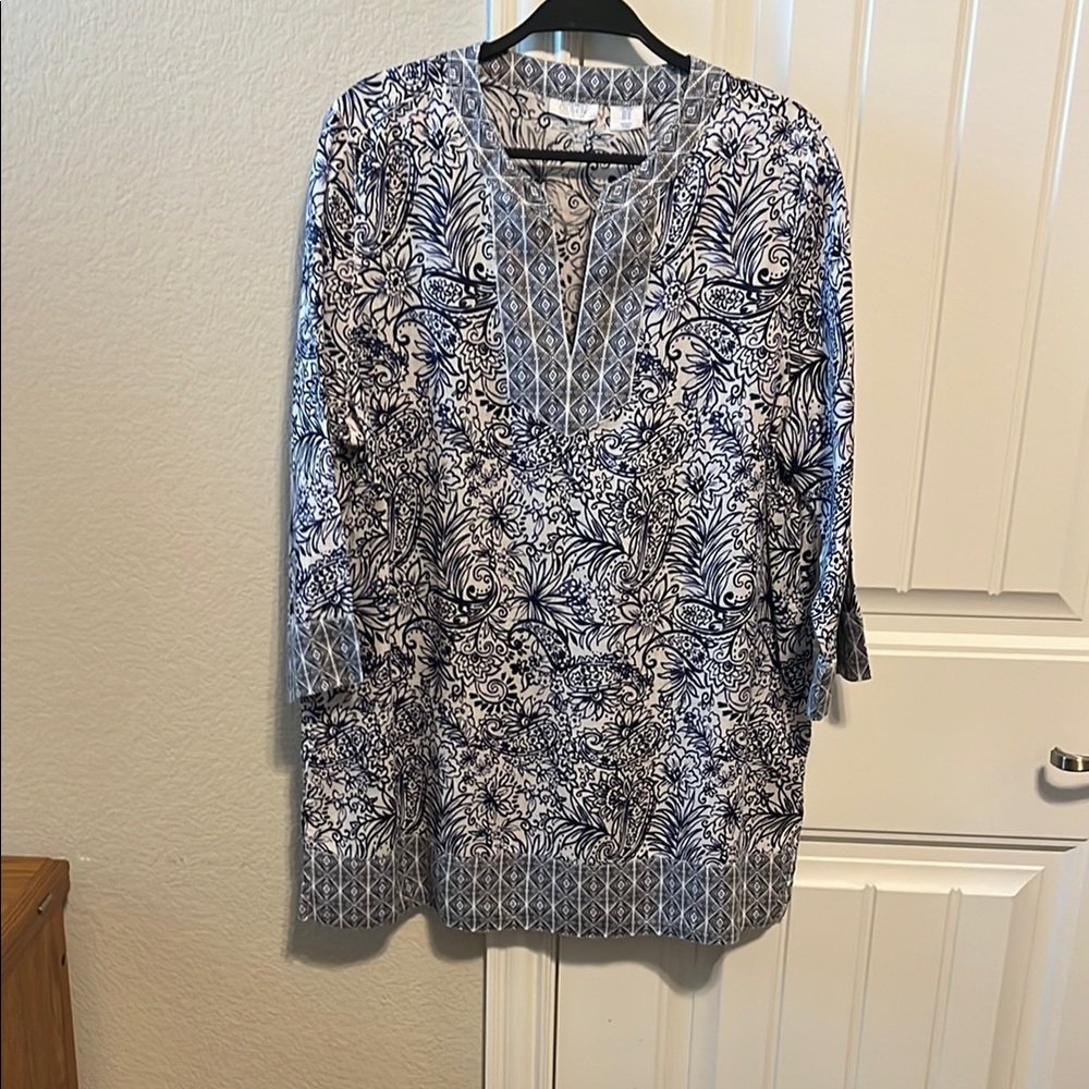 Sigrid Olsen Blue and White 3/4 Sleeve Boxy Tunic